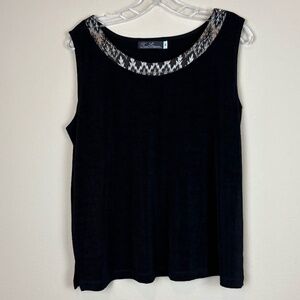 Travel Elegance Black Tank Top Blouse with Cream/Brown/Gold Shimmer Embroidery